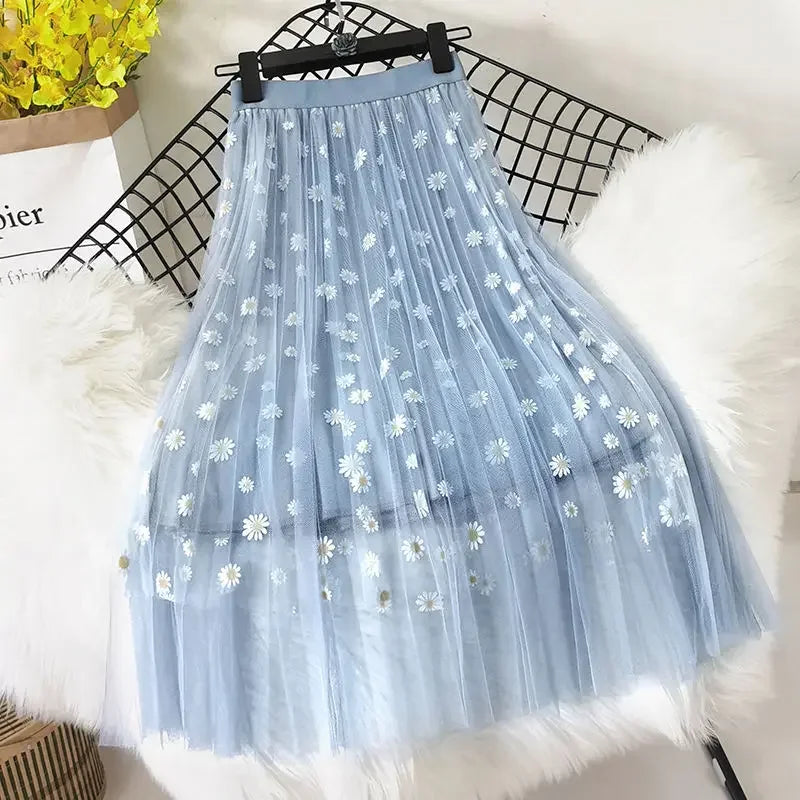🍒甜美少女半身裙女士淑女时尚智能休闲服装 花卉夏季穿着网纱中长款 经典百搭优雅时尚魅力 场合穿着 网纱 这个网纱