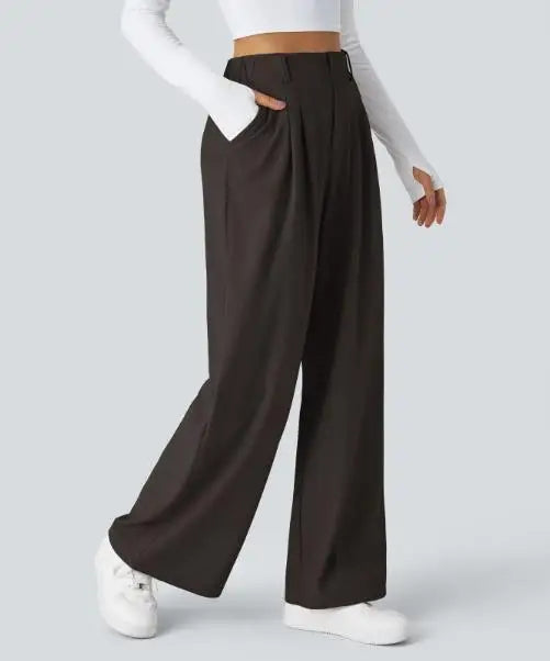 🍒Elegante reguitbroek vir vroue, vloeiende effekleur, hoë middellyf, wye pyp, werksdrag, vroulike modeklere – Jy hoef nie die harde werk in te sit om hierdie bene te kry nie