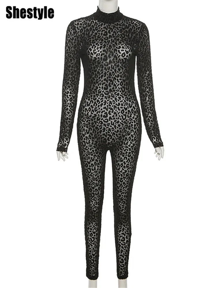 🍒Shestyle leopard transparent Jumpsuit skinny one piece for women mock neck black animal print clothing transparent outfit slim clubwear partywear fashion
