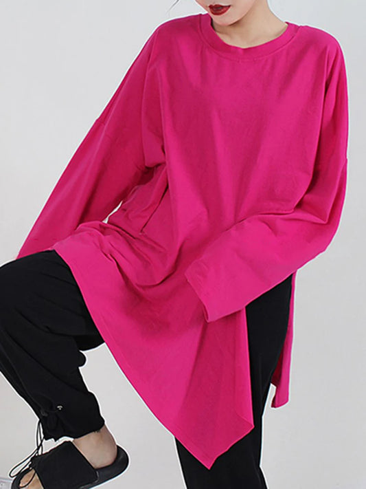 🍒Hot pink t-shirt big size Irregular side slit tee with o-neck long sleeve fashion for women smart casual spring autumn clothing Don’t Cut Across This Cool Cross Cut