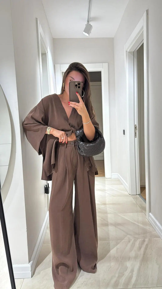 🍒Informele broekpak vir vroue, elegante langmou-uitrusting, enkelkleur wyebeenbroek en baadjie-stel, lente somer mode los tweestuk-partytjie-pajamas