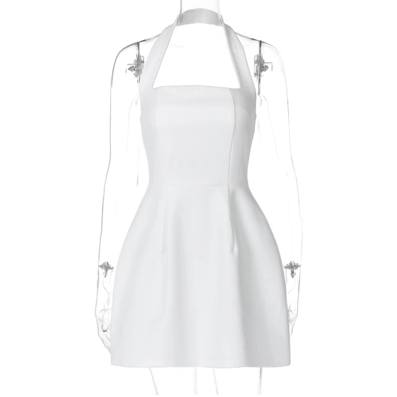 🍒Elegant white short dress backless design halter a-line mini summer party outfits for occasions clothes for women A' Beautiful Dress
