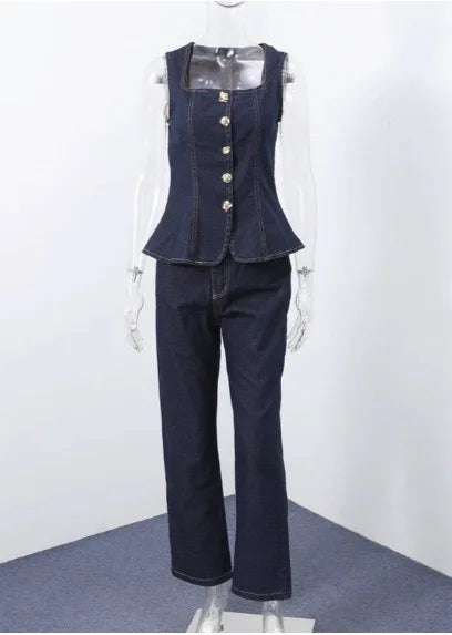 🍒Tweestukstelle vir vroue stukstelle ma-jeans moulose denimtoppies en jeansstel langbroeke hoë middellyf Y2k-styl mode elegante werksklere alles wat pas Kry hierdie enkelbors dubbele denim en jy sal trippel opgewonde wees