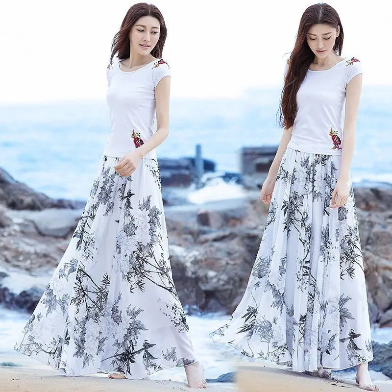 🍒 Blomme-somersrome vir vroue druk vroulike modedrag hoë middellyf romp uitrusting elegante a-lyn boho maxi slim gemaklike klere A-lyn van Pragtige Blomme