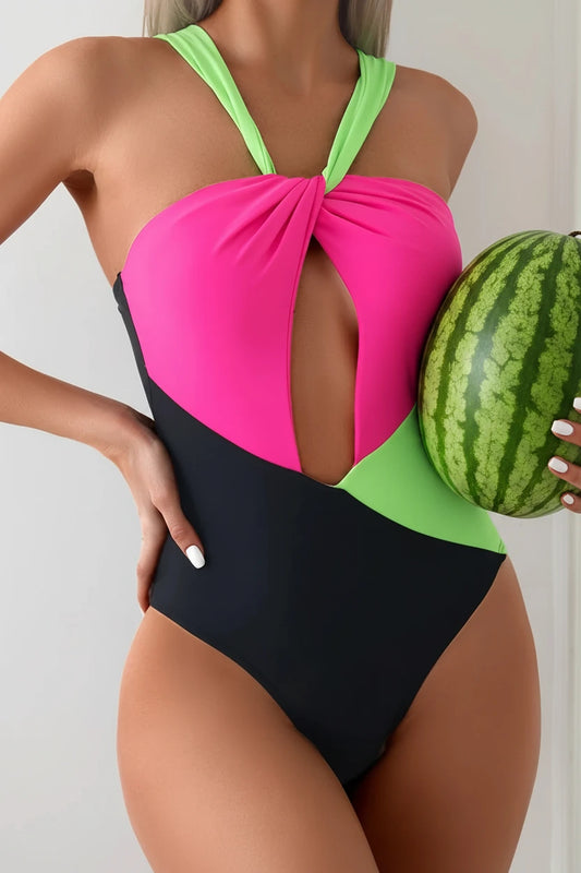 🍒Modieuse swemdrag eenstuk poelswemklere vir vroue Ruglose swemklere met uitsny-kruiskleur swembroek Tri-kleur Skouspel