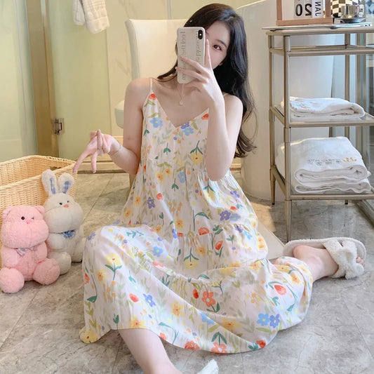 🍒Moue nagrok vir Vroue, asemende viskosekatoen-camisole-nagrok, bloemryke nagrok, huisdrag, somerdrag, vakansiedrag, nagdrag, Vars Blommepatrone