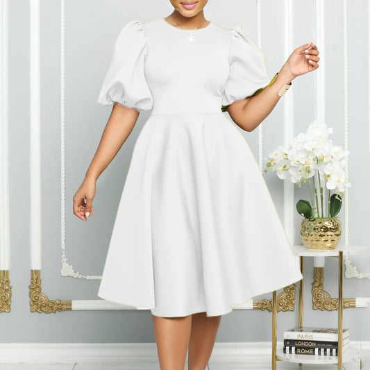 🍒Elegante rokke vir dames met O-nek, kortmoue, uitrusting vir verjaarsdagpartytjie, hoë middellyf, geplooide pofmoue, vrouemodemode, geleentheidsdrag, aandpartytjiedrag, middelkalf, luukse B'day Bopper Beauty Babe