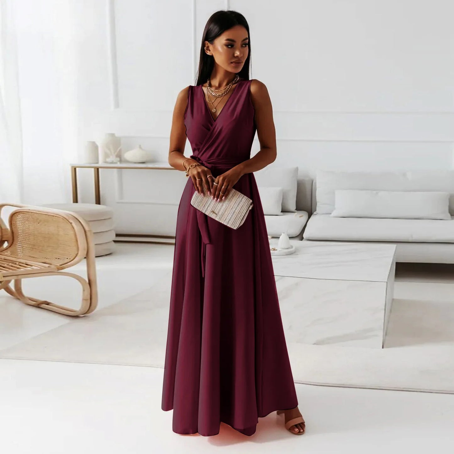 🍒Elegante partytjierokke vir dames V-nek moulose gordel-aandrok effekleurige geleentheidsklere uitrusting partytjieklere maxi-mode Vroulike vroulike mode-flair