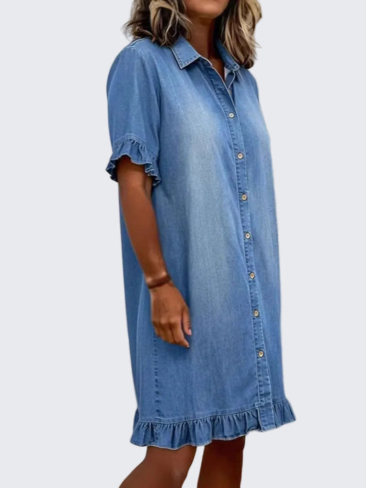 🍒Denim shirt style dress for women casual clothing with frills at cuff and hem summer wear holiday wear over knee outfit short sleeve Stay Out Of The Red And Get FRILLED With This BLUE (or white or black)