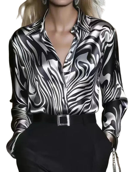 🍒Fashion blouses for women simple smart casual wear spring summer long-sleeve Zebra print satin shirt animal print clothing