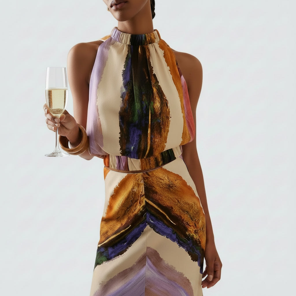 🍒Dames moulose bedrukte maxi-rok geleentheidsdrag mode vakansiedrag veelkleurige uitrusting vir die somer met ingewerkte middellyf Chevron Chic