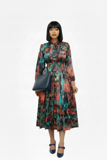 🍒Long sleeve snake print dress bowknot outfit high waist office clothing for plus size women smart casual wear with belt occasion clothing SHED indecisions and SLIP lnto SNAKE-y