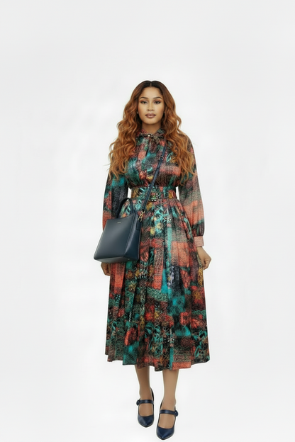 🍒Long sleeve snake print dress bowknot outfit high waist office clothing for plus size women smart casual wear with belt occasion clothing SHED indecisions and SLIP lnto SNAKE-y
