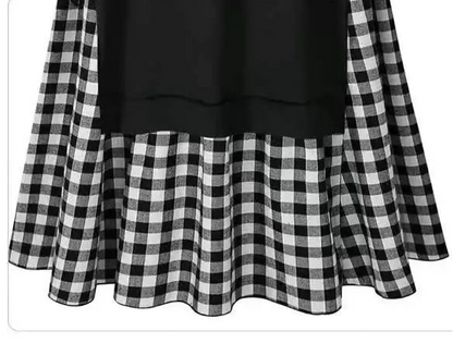 🍒Langmou rondnekrok geruite a-lyn uitrusting midi plusgrootte slim gemaklike vroue swart en wit klere Put On Plaid-attitude