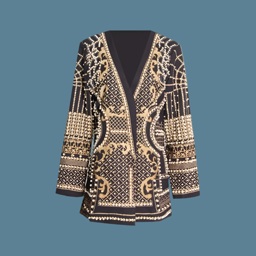 🍒Middellengte-jasse swart blazer met pêrels langmou V-nek-baadjie volmou met ingewikkelde borduurwerk-pêrelbesonderhede nuwerwetse klassieke klere geleentheidsklere Vier Sierlik