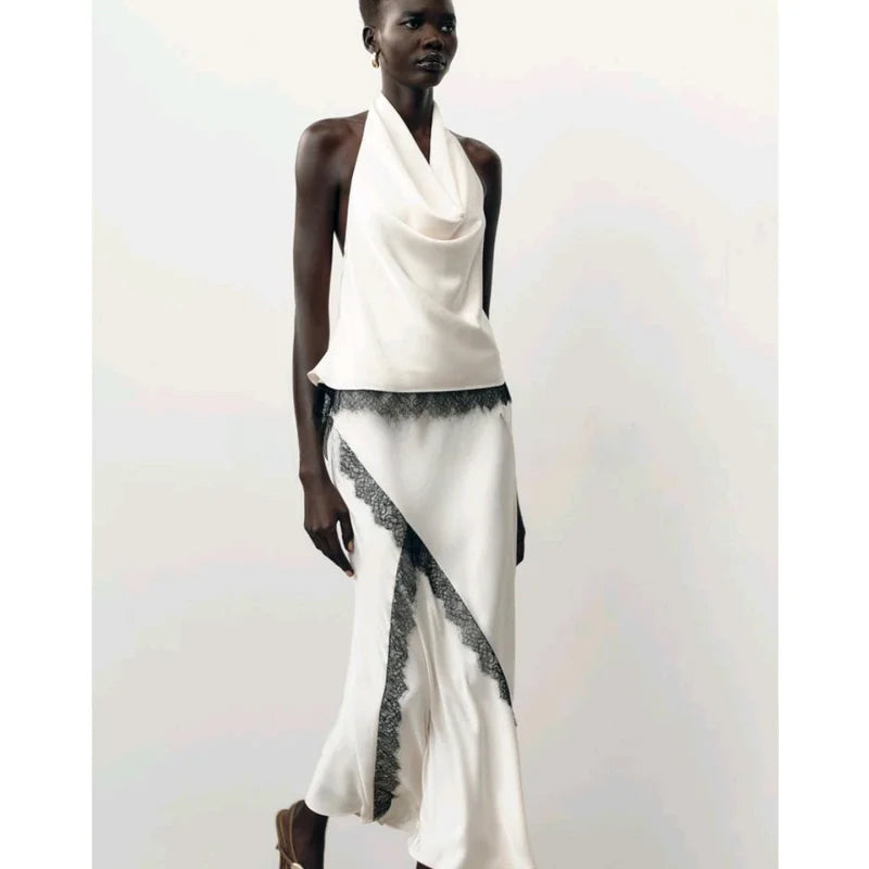 🍒Satin halter top white and long matching maxi skirt set women's lace trim outfit with high waisted skirt and camisole top for summer fashion wear This Satin Is Laced With 'Ace'