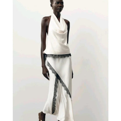 🍒Satin halter top white and long matching maxi skirt set women's lace trim outfit with high waisted skirt and camisole top for summer fashion wear This Satin Is Laced With 'Ace'