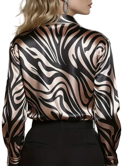 🍒Fashion blouses for women simple smart casual wear spring summer long-sleeve Zebra print satin shirt animal print clothing