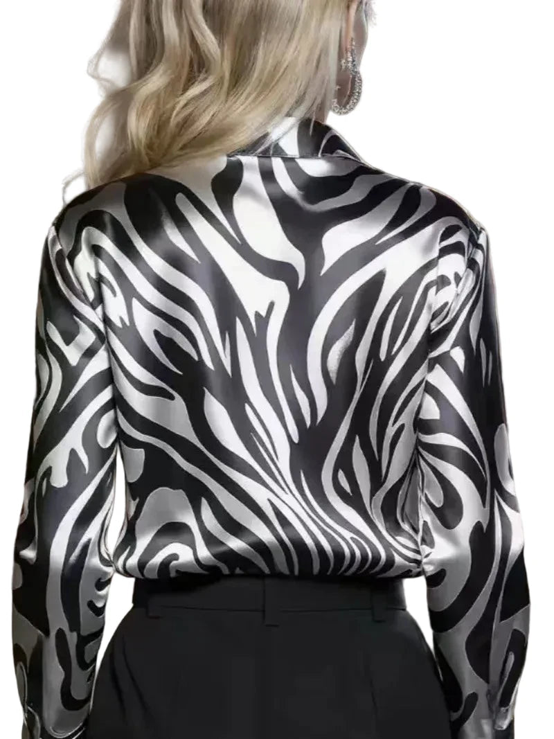🍒Fashion blouses for women simple smart casual wear spring summer long-sleeve Zebra print satin shirt animal print clothing