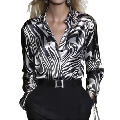 🍒Fashion blouses for women simple smart casual wear spring summer long-sleeve Zebra print satin shirt animal print clothing