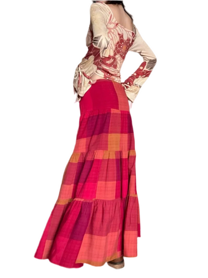 🍒Boho maxi skirt tiered maxi ruffle high waist drawstring skirt long summer vintage style clothing for women casual wear beach wear  Red-efine Your Style