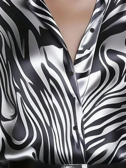 🍒Fashion blouses for women simple smart casual wear spring summer long-sleeve Zebra print satin shirt animal print clothing