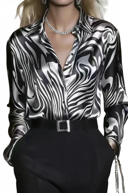 🍒Fashion blouses for women simple smart casual wear spring summer long-sleeve Zebra print satin shirt animal print clothing