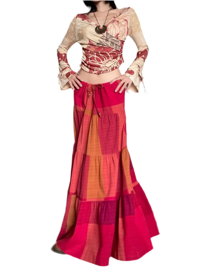 🍒Boho maxi skirt tiered maxi ruffle high waist drawstring skirt long summer vintage style clothing for women casual wear beach wear  Red-efine Your Style