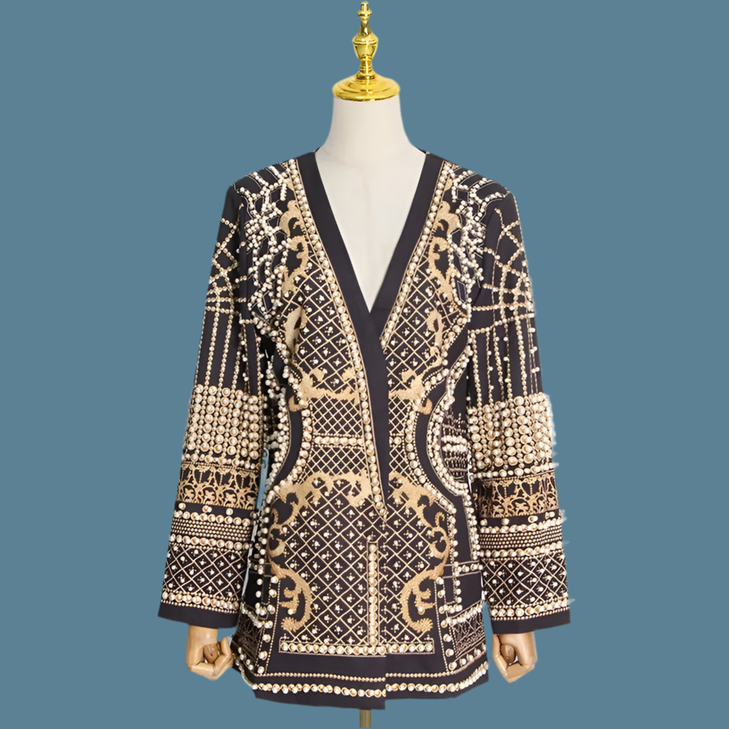 🍒Middellengte-jasse swart blazer met pêrels langmou V-nek-baadjie volmou met ingewikkelde borduurwerk-pêrelbesonderhede nuwerwetse klassieke klere geleentheidsklere Vier Sierlik