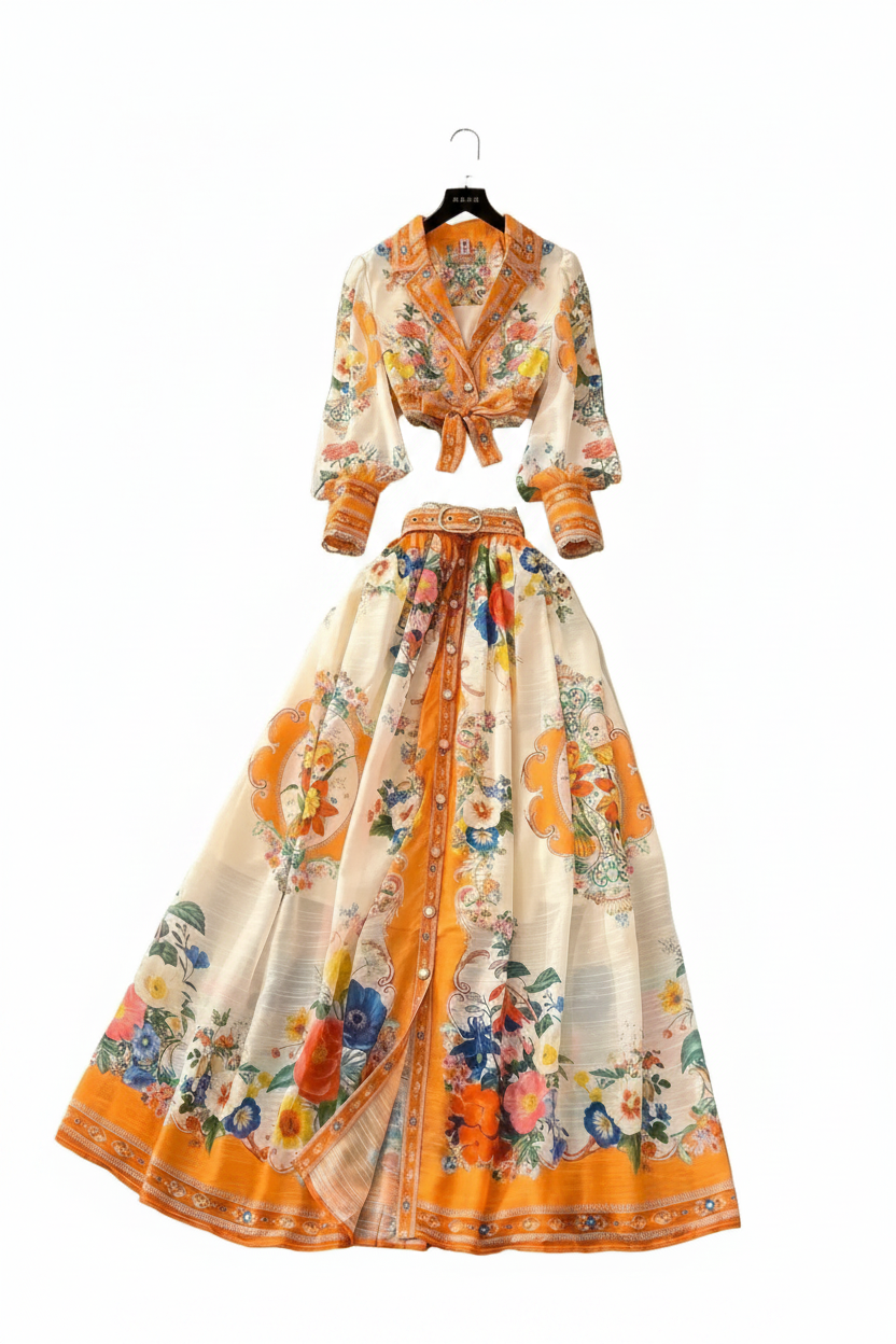 🍒Floral 2 piece skirt set women smart casual summer outfit fashion crop tops floral blouse long sleeve plus a-line long skirt beach outfits Peachy Passion