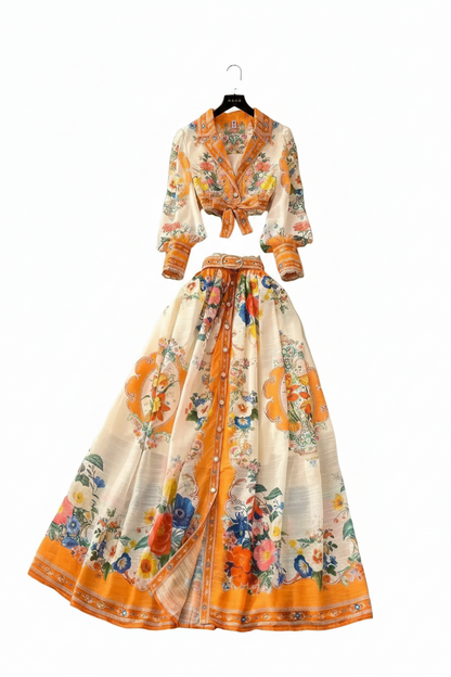 🍒Floral 2 piece skirt set women smart casual summer outfit fashion crop tops floral blouse long sleeve plus a-line long skirt beach outfits Peachy Passion