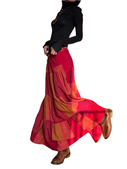 🍒Boho maxi skirt tiered maxi ruffle high waist drawstring skirt long summer vintage style clothing for women casual wear beach wear  Red-efine Your Style