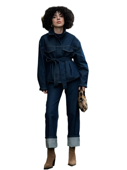 🍒Belt denim Jacket and Pants Sets shirt style jacket women butt up coat and straight trousers suit loose autumn Ladies outfits Dressy Denim