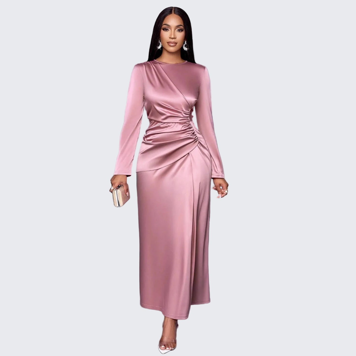 🍒 Premium satynrok vir geleenthede vrouedrag mode toegeruste aanddrag asimmetriese uitrusting langmou Gly in syerigheid