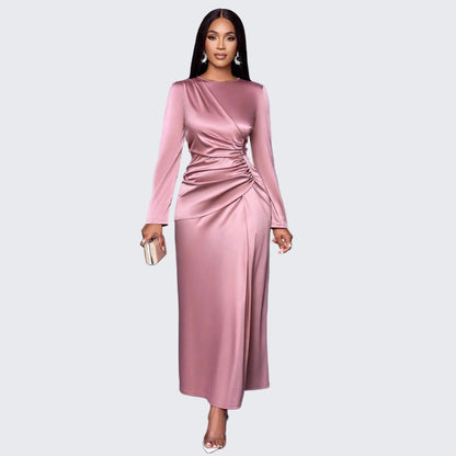 🍒 Premium satynrok vir geleenthede vrouedrag mode toegeruste aanddrag asimmetriese uitrusting langmou Gly in syerigheid
