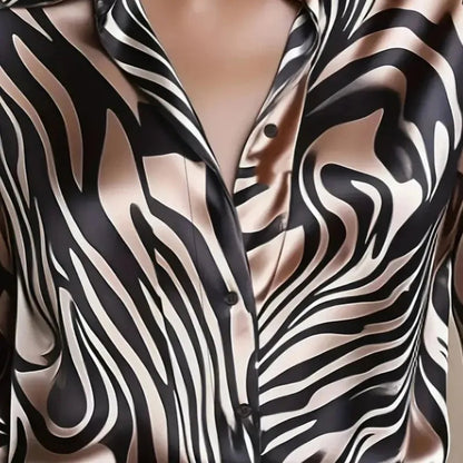 🍒Fashion blouses for women simple smart casual wear spring summer long-sleeve Zebra print satin shirt animal print clothing