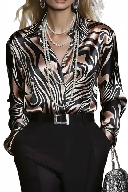 🍒Fashion blouses for women simple smart casual wear spring summer long-sleeve Zebra print satin shirt animal print clothing