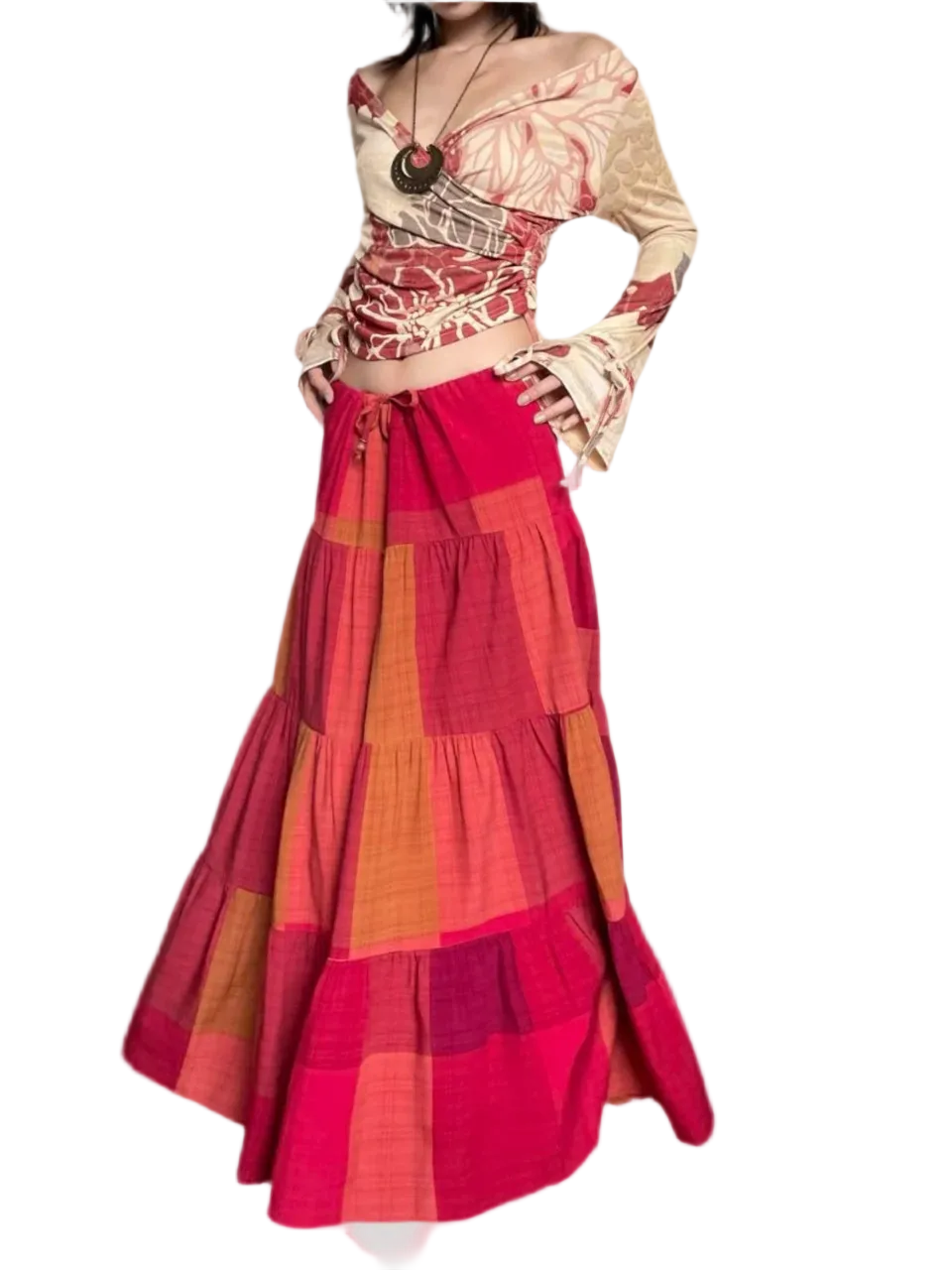 🍒Boho maxi skirt tiered maxi ruffle high waist drawstring skirt long summer vintage style clothing for women casual wear beach wear  Red-efine Your Style