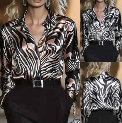 🍒Fashion blouses for women simple smart casual wear spring summer long-sleeve Zebra print satin shirt animal print clothing