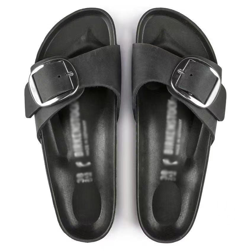 🍒Vroue egte Leer Plat Sandale gespe skuifbande egte koeihuid instappers kwaliteit somersandale Vakansiegevoel-skyfband