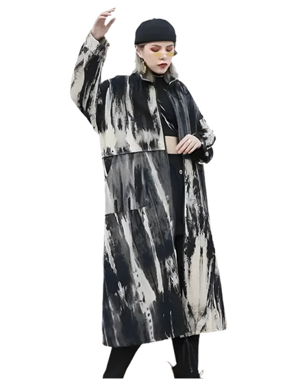 🍒Tie dye trench coat with stand up collar big size long outerwear long sleeve loose fit windbreaker fashion spring autumn wear Get the R'white Black This Season
