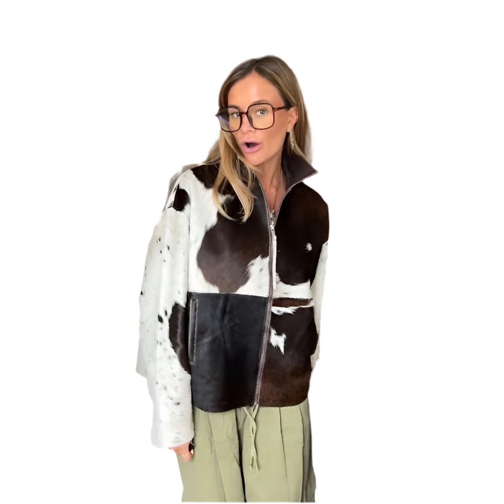 🍒Vroue se koeiprint-baadjie met lapelkraag, kort ritssluitermantel vir slim gemaklike vroue-oorjas Warm Melk ('n) Koei