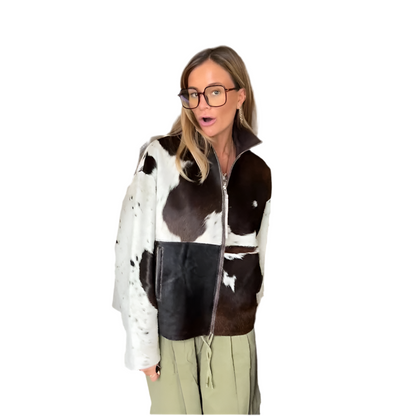 🍒Vroue se koeiprint-baadjie met lapelkraag, kort ritssluitermantel vir slim gemaklike vroue-oorjas Warm Melk ('n) Koei