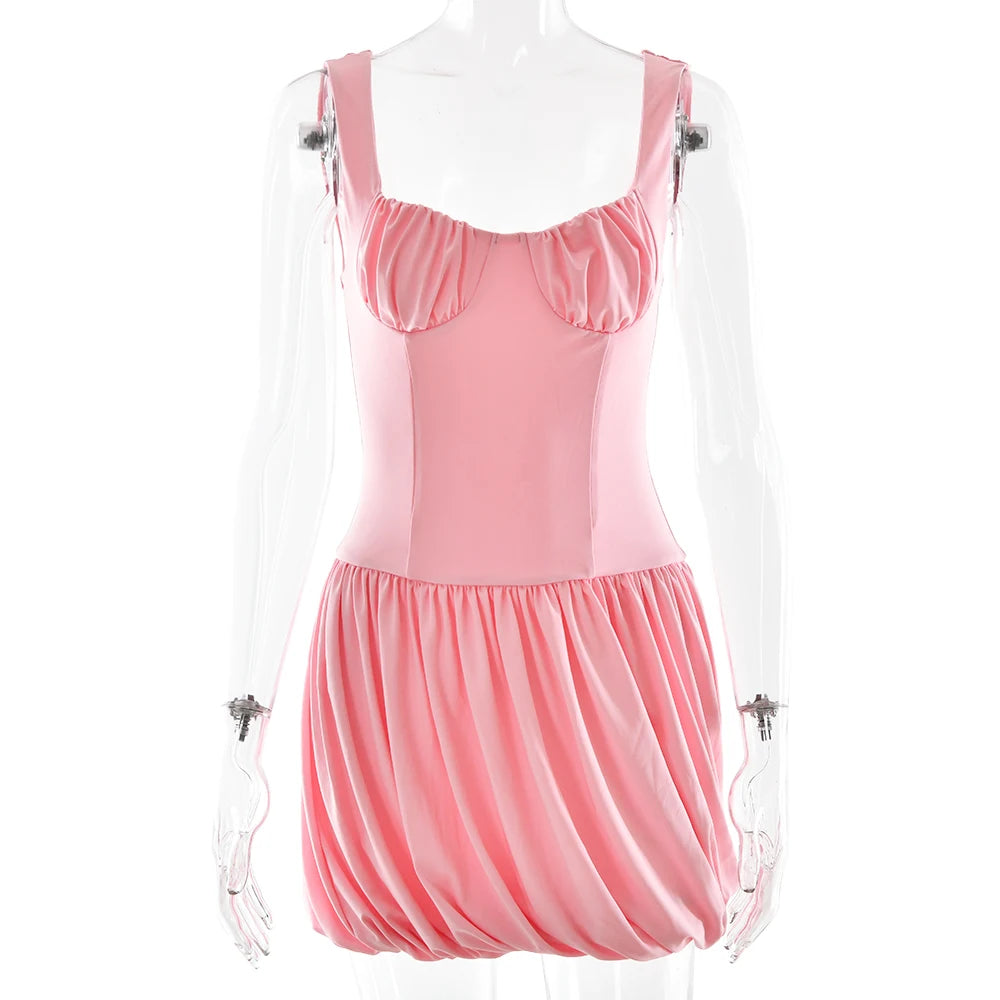 🍒Spaghetti strap puffy dress backless short v-neck mini outfits with spaghetti straps solid ruched slim bud pleated a-line clothing birthday partywear Perfect Pink Powder Puff