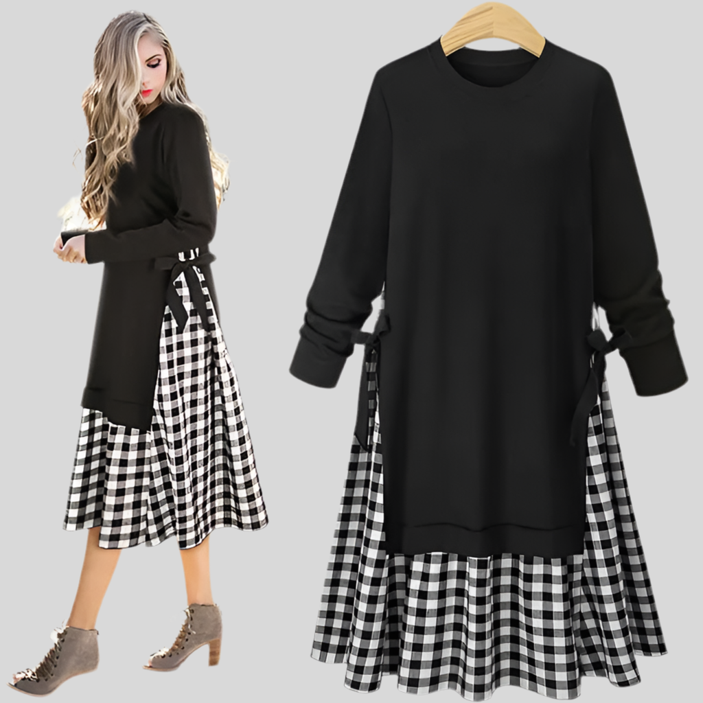 🍒Langmou rondnekrok geruite a-lyn uitrusting midi plusgrootte slim gemaklike vroue swart en wit klere Put On Plaid-attitude