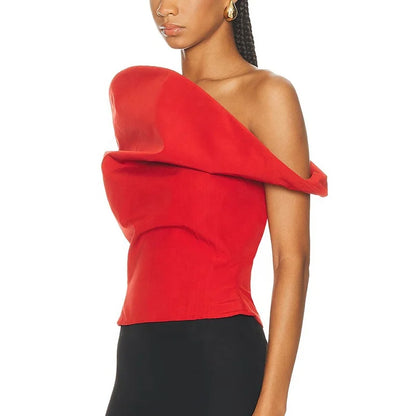 🍒Fashion off shoulder contour crop summer clothing occasion wear slanted women tops and blouses smart casual short sleeve top Asymetric casual simple blouses sleeveless Contour Comfort confidence