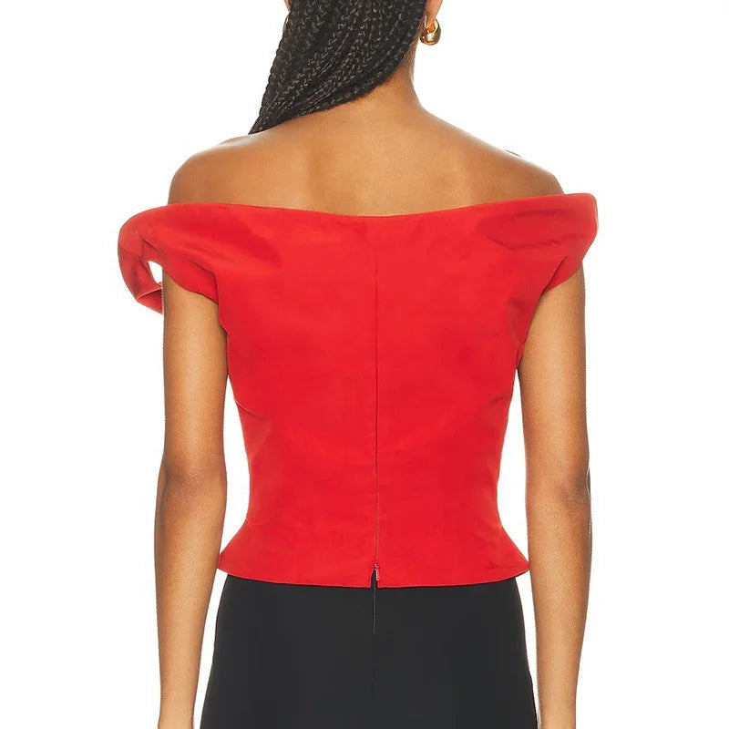 🍒Fashion off shoulder contour crop summer clothing occasion wear slanted women tops and blouses smart casual short sleeve top Asymetric casual simple blouses sleeveless Contour Comfort confidence