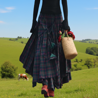 🍒Womens checked long skirt high waist long maxi tartan vintage clothing spring autumn fashion asymmetric flared skirts Get Out Green And Get Out Green