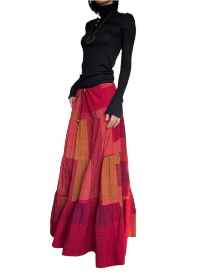 🍒Boho maxi skirt tiered maxi ruffle high waist drawstring skirt long summer vintage style clothing for women casual wear beach wear  Red-efine Your Style