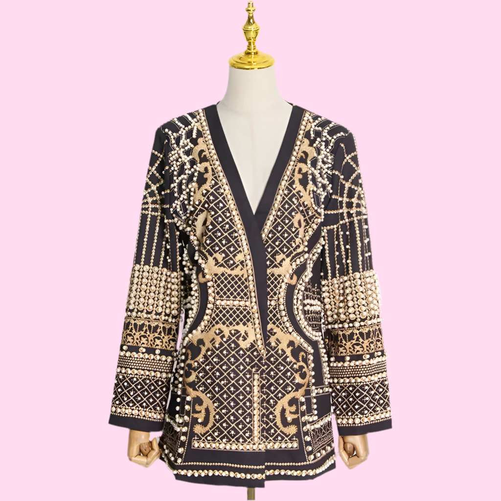 🍒Middellengte-jasse swart blazer met pêrels langmou V-nek-baadjie volmou met ingewikkelde borduurwerk-pêrelbesonderhede nuwerwetse klassieke klere geleentheidsklere Vier Sierlik